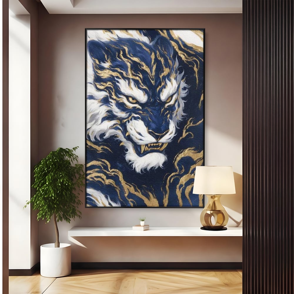 Tablou canvas cu tablou canvas cu tigru albastru si flacari aurii, in rama de aluminiu negru